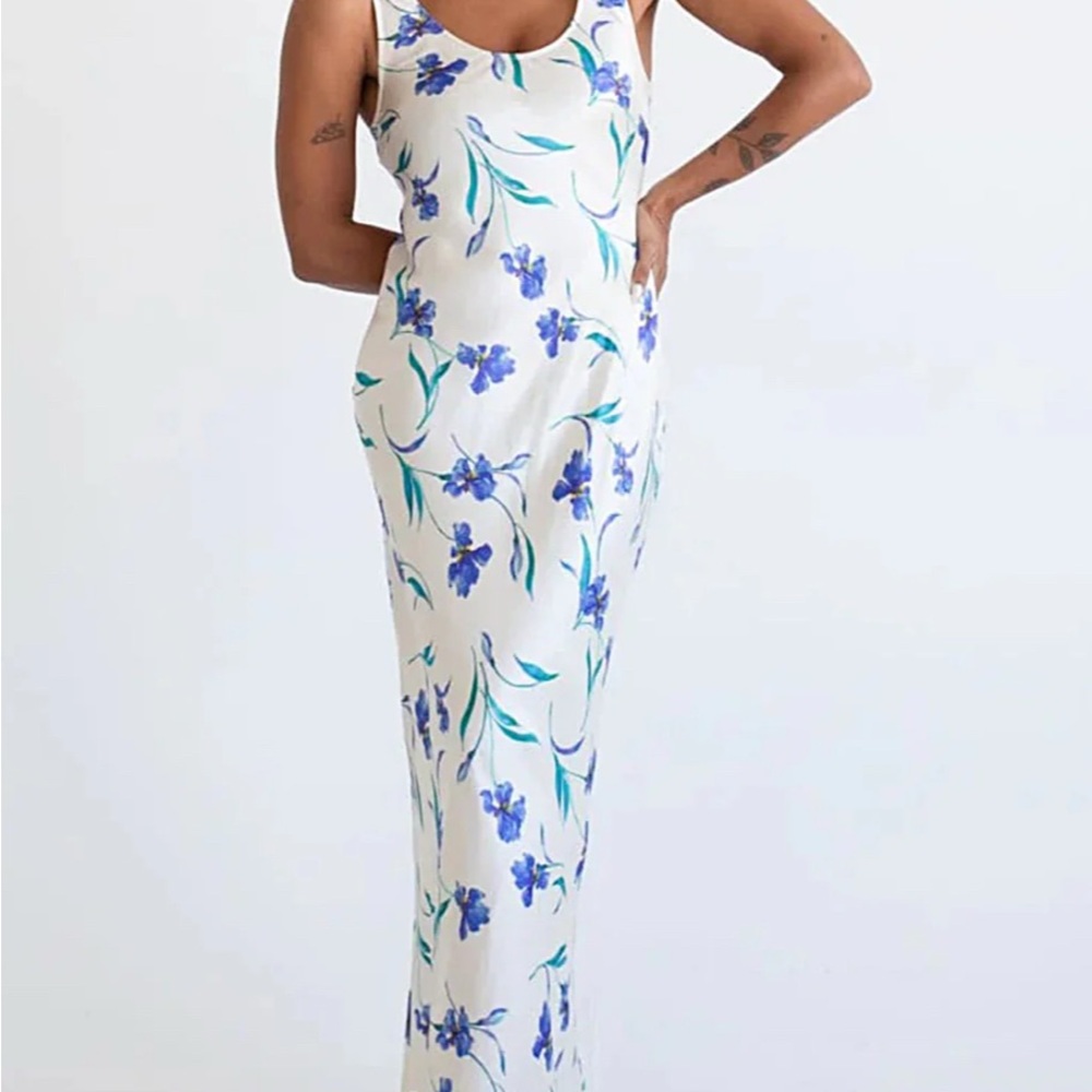 Rumored White Maxi Dress with Blue Floral Print